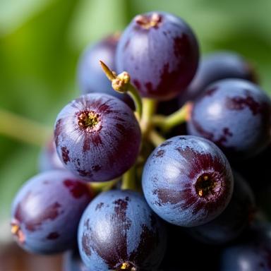 Une grappe de raisin noir avec quelques pépins visibles.
