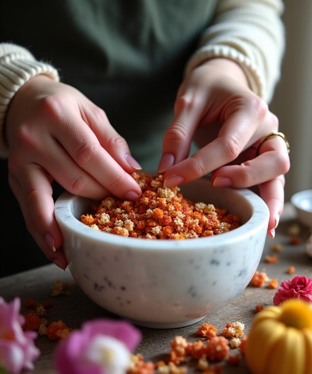 Les mains d'un artisan mélangeant délicatement des pétales de fleurs séchées dans un mortier en marbre.