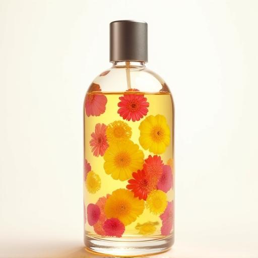 Flacon transparent de l'Huile Précieuse Florale, révélant des pétales en suspension.